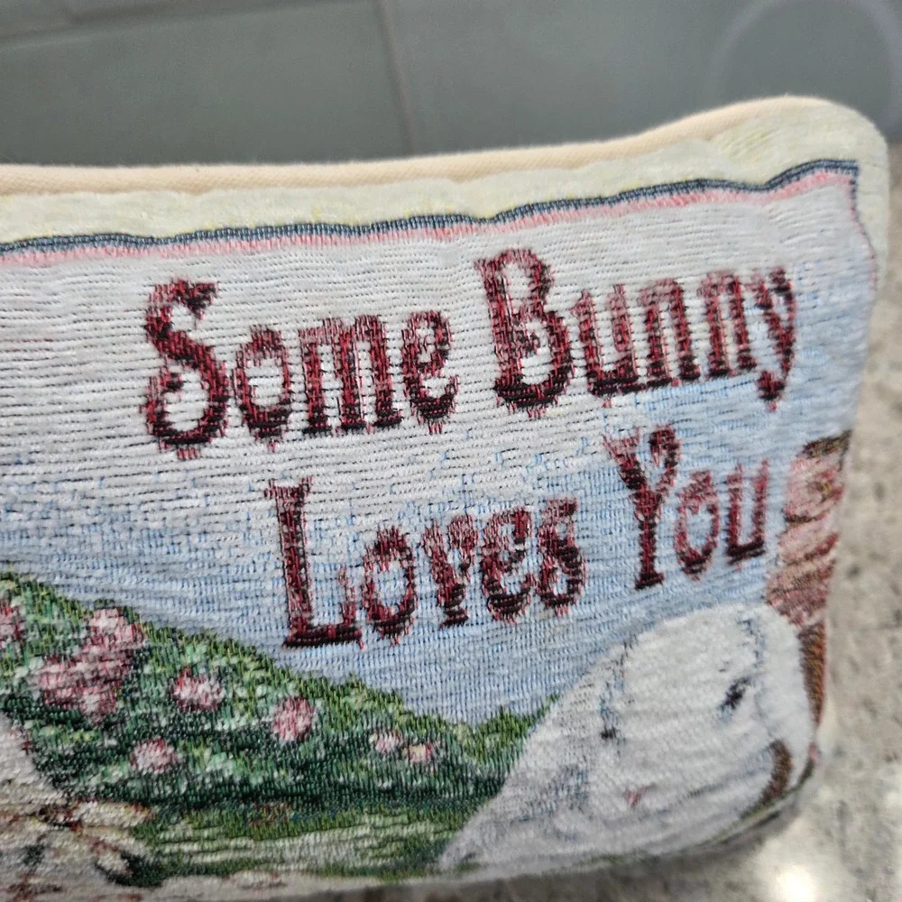 Vintage‎ Tapestry Bunny Accent Pillow Some Bunny Loves You Easter Decor 12x8